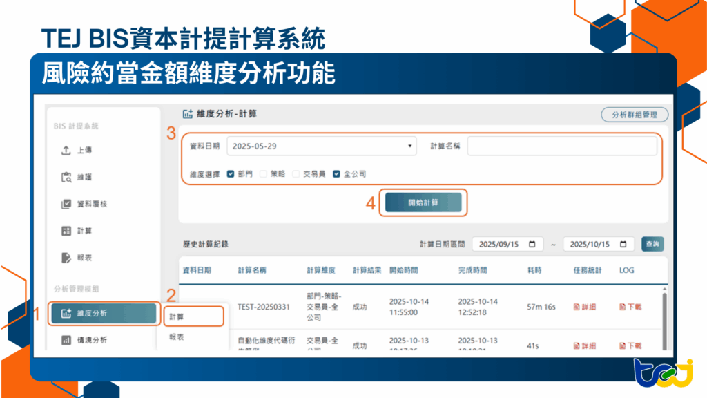 TEJ BIS資本計提計算系統 風險約當金額維度分析功能