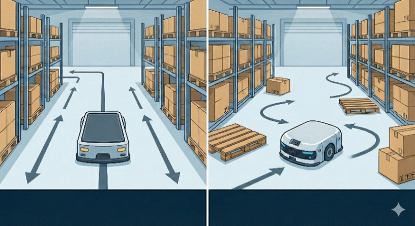 左 AGV (巡軌移動)、右 AMR (自主移動)