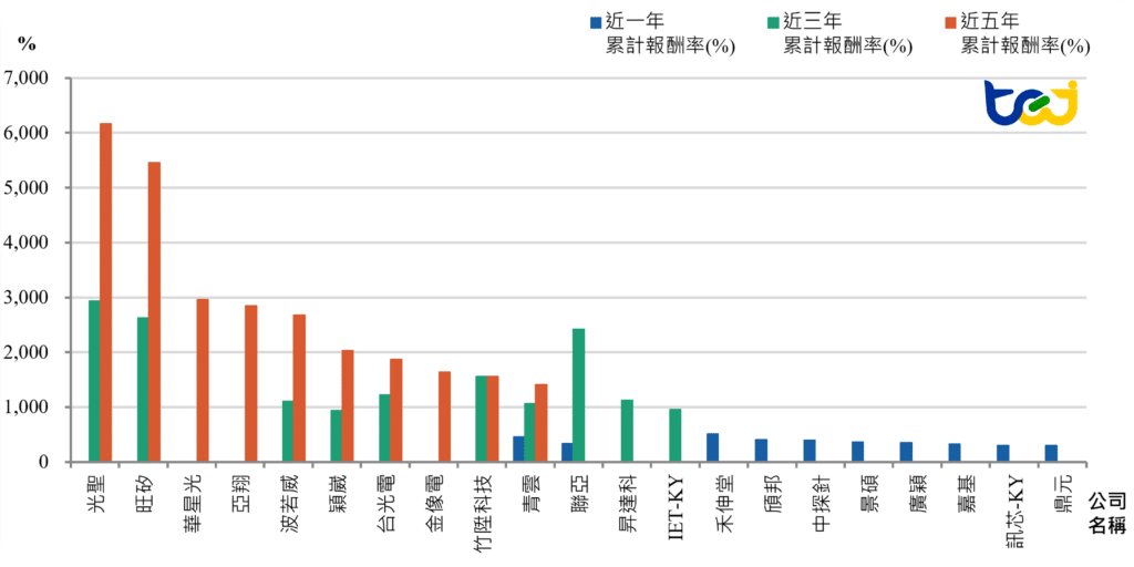 圖一、各時間區間前十名企業之累計TSR(%)